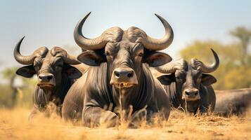 Photo of a herd of African Buffalo resting in an open area on the Savanna. Generative AI