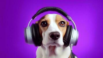 Photo of Beagle using headphone  on purple background. Generative AI