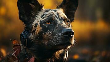 Close-up photo of a African Wild Dog looking any direction on jungle. Generative AI