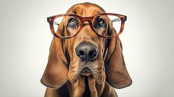 Photo of a Bloodhound dog using eyeglasses isolated on white background. Generative AI