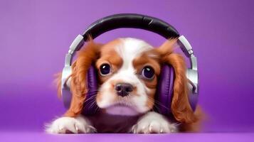 Photo of haughty cavalier using headphone  and office suit on white background. Generative AI