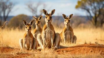 Photo of a herd of Kangaroo resting in an open area on the Savanna. Generative AI