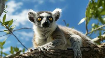 Photo of Lemur in ther forest with blue sky. Generative AI