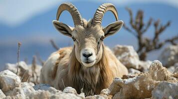 Close-up photo of a Ibex looking any direction. Generative AI