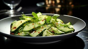 Photo of Cucumber Salad as a dish in a high-end restaurant. Generative AI