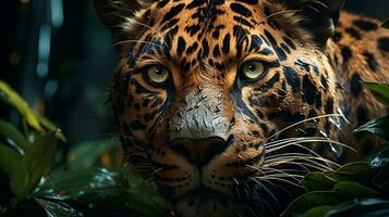 de cerca foto de un jaguar mirando ninguna dirección en selva. generativo ai