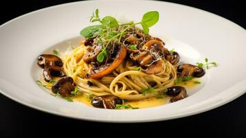 Photo of Wild Mushroom and Truffle Pasta as a dish in a high-end restaurant. Generative AI