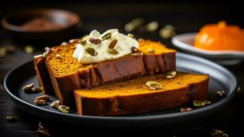 Photo of Pumpkin Bread as a dish in a high-end restaurant. Generative AI