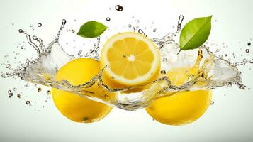 Photo of Fresh Lemon Slices with Water Splashes isolated on white background. generative ai