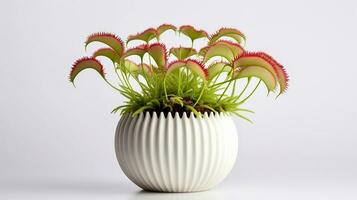 Photo of Venus Flytrap flower in pot isolated on white background. Generative AI