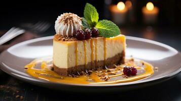 Photo of Pumpkin Cheesecake as a dish in a high-end restaurant. Generative AI