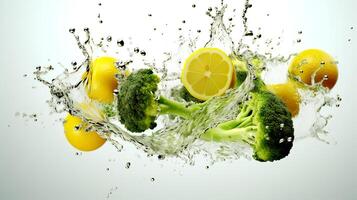 Photo of Broccoli and lemon with water splashes isolated on white background. Generative AI