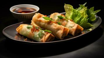 Photo of Spring Rolls as a dish in a high-end restaurant. Generative AI