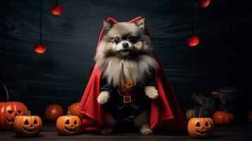 Photo of a cute dog wearing witch costume for halloween. Generative AI