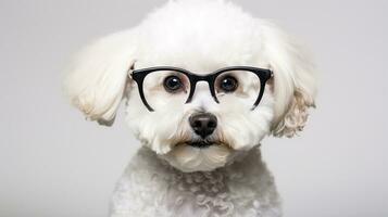 Photo of a Bichon Frise dog using eyeglasses isolated on white background. Generative AI