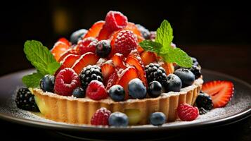 foto de Fresco Fruta tarta como un plato en un gama alta restaurante. generativo ai