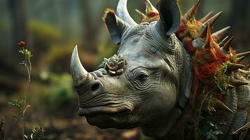 Close-up photo of a Triceratops looking in their habitat. Generative AI