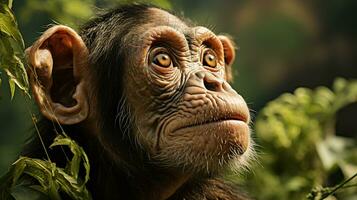 Close-up photo of a Chimpanzee looking any direction on jungle. Generative AI