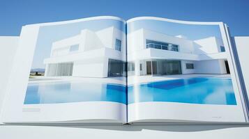 Open magazine with modern and minimalist building and blue sky. 3d rendering. photo