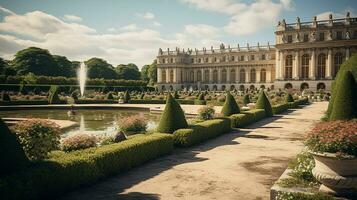 Photo of the beautiful gardens of the Palace of Versaille, France. Generative AI