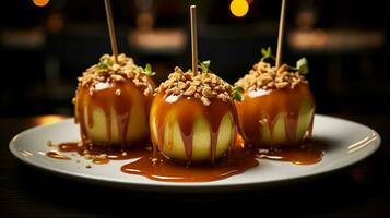 Photo of Caramel Apples as a dish in a high-end restaurant. Generative AI