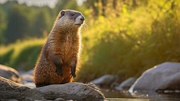 de cerca foto de un marmota de América mirando en su hábitat. generativo ai