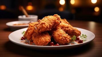 Photo of Fried Chicken as a dish in a high-end restaurant. Generative AI