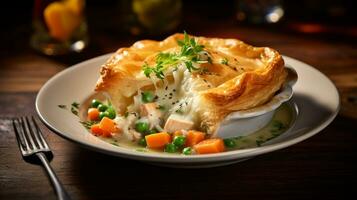 Photo of Chicken Pot Pie as a dish in a high-end restaurant. Generative AI
