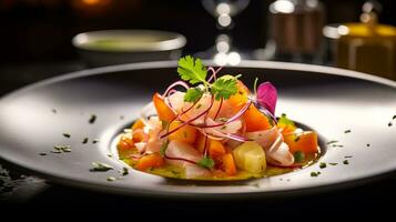 Photo of Ceviche as a dish in a high-end restaurant. Generative AI