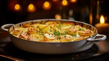 foto de patatas au gratén como un plato en un gama alta restaurante. generativo ai