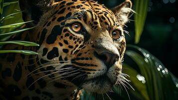 Close-up photo of a Jaguar looking any direction on jungle. Generative AI