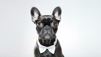 Photo of a French Bulldog dog using eyeglasses isolated on white background. Generative AI