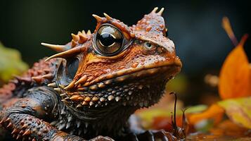 Close-up photo of a Horned Toad looking in their habitat. Generative AI