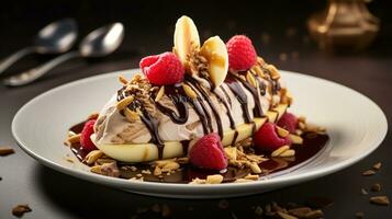 Photo of Banana Split as a dish in a high-end restaurant. Generative AI