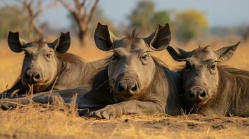 Photo of a herd of Warthog resting in an open area on the Savanna. Generative AI