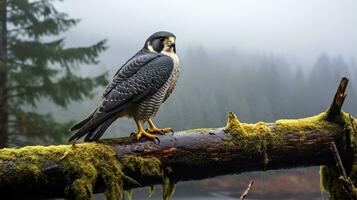 Photo of a Peregrine Falcon standing on a fallen tree branch at morning. Generative AI