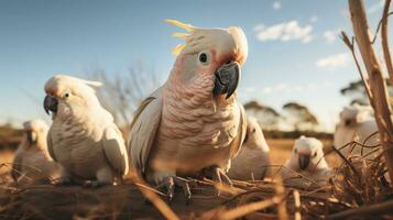 Photo of a herd of Cockatoo resting in an open area on the Savanna. Generative AI