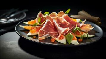 Photo of Melon and Prosciutto as a dish in a high-end restaurant. Generative AI
