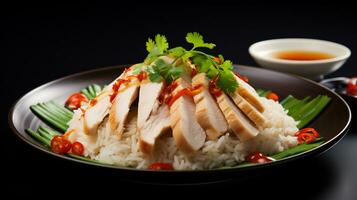 foto de hainés pollo arroz como un plato en un gama alta restaurante. generativo ai