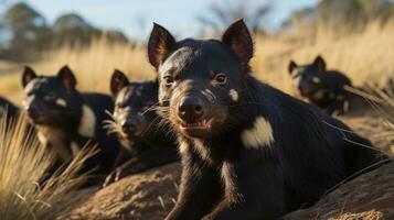 Photo of a herd of Tasmanian Devil resting in an open area on the Savanna. Generative AI