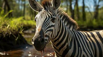 de cerca foto de un cebra mirando ninguna dirección en selva. generativo ai