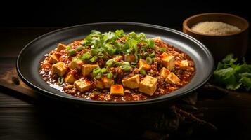 Photo of Szechuan Mapo Tofu as a dish in a high-end restaurant. Generative AI