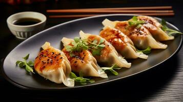 Photo of Gyoza as a dish in a high-end restaurant. Generative AI