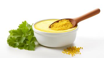 Photo of Mustard on bowl with green leaf isolated on white background.