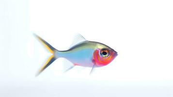 Photo of a neon tetras fish on white background. Generative AI