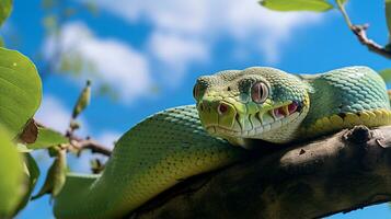 Photo of a Green Tree Python under Blue Sky. Generative AI