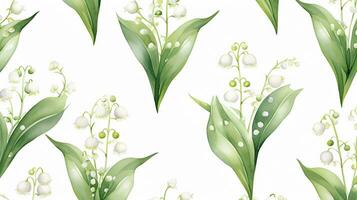 Seamless pattern of Lily of the Valley flower in watercolor style isolated on white background. Lily of the Valley flower texture background. Generative AI photo