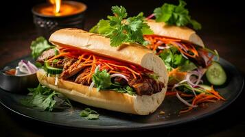 Photo of Banh Mi as a dish in a high-end restaurant. Generative AI