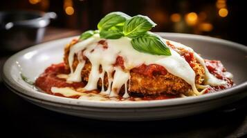 Photo of Chicken Parmesan as a dish in a high-end restaurant. Generative AI