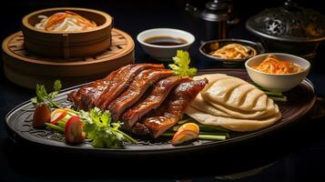 Photo of Peking Duck as a dish in a high-end restaurant. Generative AI